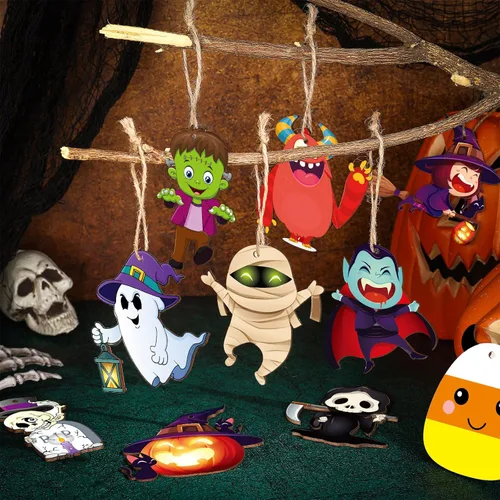 Miniatura 6 de Gerrii 40 adornos de Halloween de madera para decoración de árbol de Halloween, calabaza, fantasma, bruja, esqueleto, mini adornos colgantes