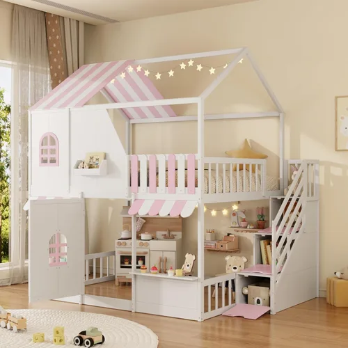 Miniatura 18 de Merax Litera Montessori de madera con escalera individual sobre individual, litera baja para niños, niñas, ahorro de espacio, no necesita somier
