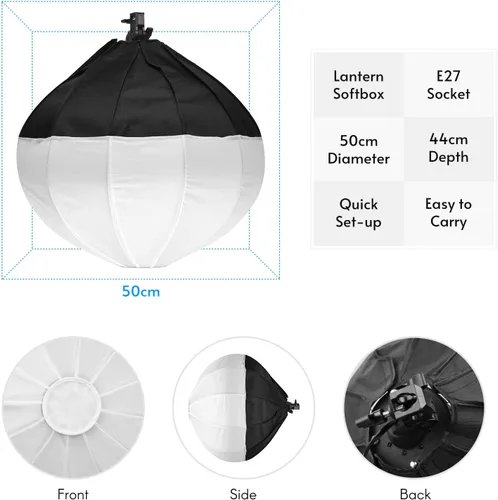 Miniatura 9 de Andoer 19.7 in/19.7 pulgadas linterna softbox esférica plegable caja suave de instalación rápida con enchufe E27 bolsa de transporte para estudio