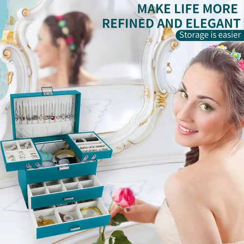 Miniatura 7 de Dajasan Organizador de joyero, caja organizadora de joyas, caja de almacenamiento de joyería de cuero de 4 capas, idea de regalo para mujeres
