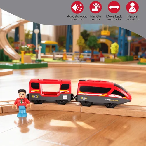 Miniatura 6 de Tren a pilas para pista de madera, potente locomotora con motor de control remoto, juguete de tren con luz y sonidos, regalo para niños pequeños