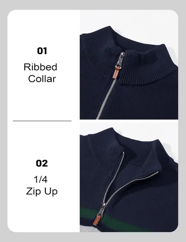 Miniatura 29 de MAGCOMSEN Suéteres de algodón con cremallera de 1/4 para hombre, suéter tipo polo, a rayas, para otoño e invierno, sudaderas cálidas
