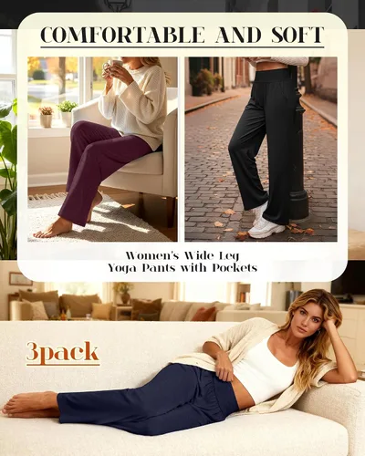 Miniatura 106 de Neer - Conjunto de 3 pantalones de yoga de pierna ancha para mujer - Pantalones deportivos cómodos, holgados, de cintura alta y casuales