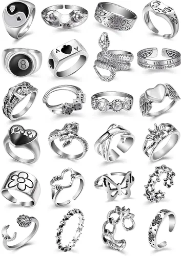 Miniatura 7 de FAXHION Anillos de acero inoxidable para hombres y mujeres, anillos punk abiertos de plata vintage para hombres y mujeres, Plata, acero inoxidable