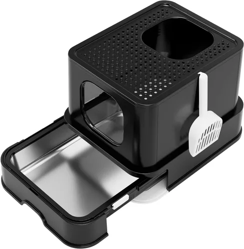 Miniatura 10 de RIZZARI Caja de arena de acero inoxidable: diseño grande a prueba de fugas sin olor, revestimiento antiadherente de teflón, tamaño XL, negro
