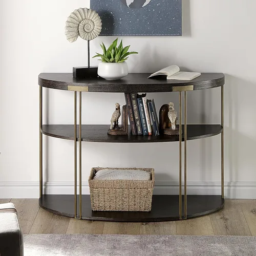 Miniatura 2 de Biaco Mesa consola moderna negra para entrada, mesa de pared industrial de media luna de 3 niveles, mesa de entrada de madera con acento de medio