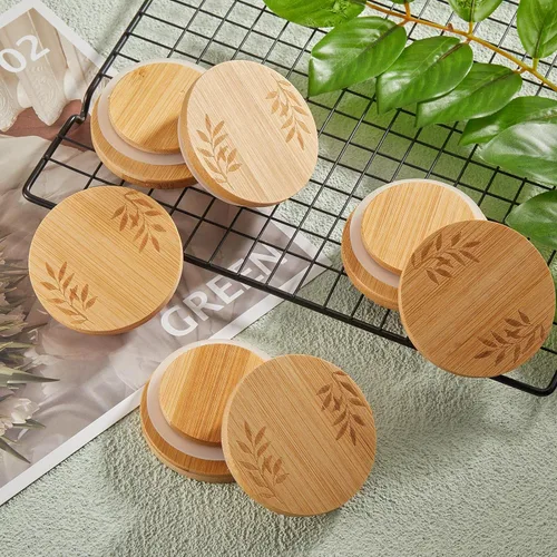 Miniatura 4 de Juego de 6 tapas para tarros de yogur compatibles con tarros de yogur Oui, tapas de madera de bambú, tapas redondas reutilizables con anillos
