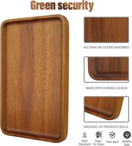 Miniatura 3 de 1 bandeja rectangular de madera de acacia maciza de 13 x 9 pulgadas, tablero de madera natural para bar, fiesta de café