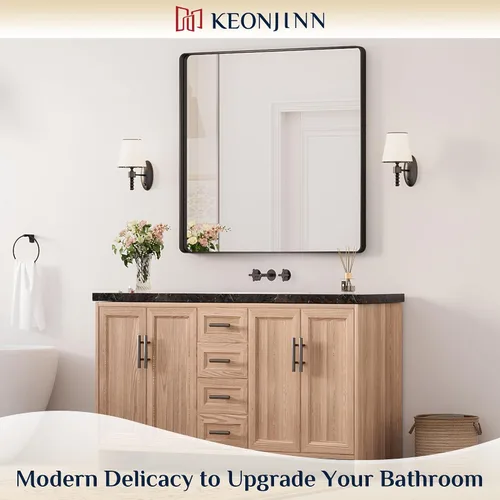 Miniatura 2 de Keonjinn Espejos de baño negros para sobre el fregadero, espejos cuadrados grandes de 36 x 36 pulgadas para pared, espejo rectangular redondeado