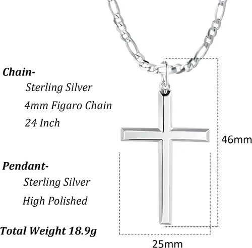 Miniatura 5 de FANCIME White Gold Plated 925 Sterling Silver Cross Pendant Necklace With 4MM Figaro Solid Curb Link Chain Gifts for Him Men, 24-INCH