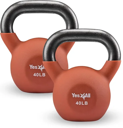 Miniatura 26 de Yes4All Pesas rusas, pesas rusas de hierro fundido recubiertas de neopreno de 5-65 LB, asa de agarre ancho y fondo plano para balanceos, B. 10