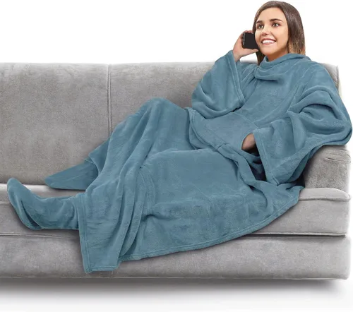 Miniatura 28 de PAVILIA Manta de forro polar con mangas, bolsillos para los pies para mujeres, hombres y adultos, manta de felpa para llevar, cálida manta