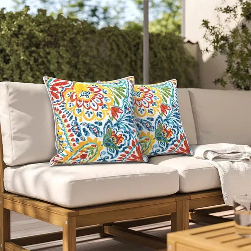 Miniatura 639 de Juego de 2 almohadas para exteriores de 16 x 16 pulgadas, repelentes al agua con interiores, para muebles de patio, hogar, jardín, geometría bohemia