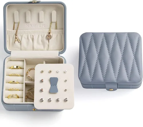 KAMIER Organizador de joyas de viaje, cajas de joyería portátiles de cuero acolchado con diamantes para mujeres y niñas, organizador pequeño para