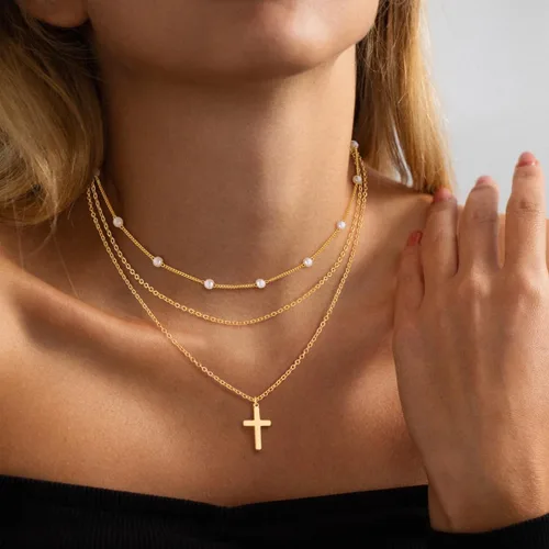 Miniatura 3 de ASCOMY Collares en capas para mujer, delicado collar de oro chapado en oro de 14 quilates, collar de espiga para mujer, collar de cruz de perlas