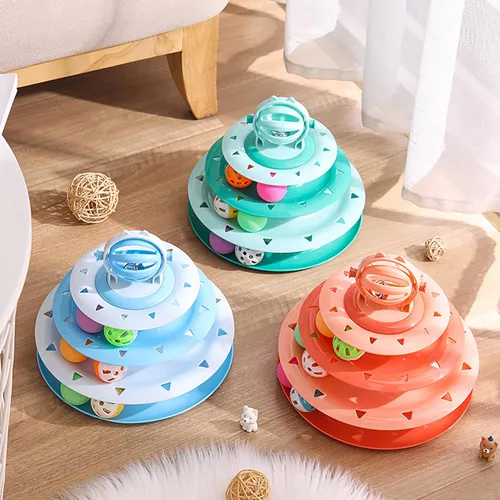 Miniatura 4 de Vealind Rodillo de juguete para gatos, plato giratorio de 4 niveles, bolas de juguetes para gatos con 14 bolas de pompones coloridos, diversión