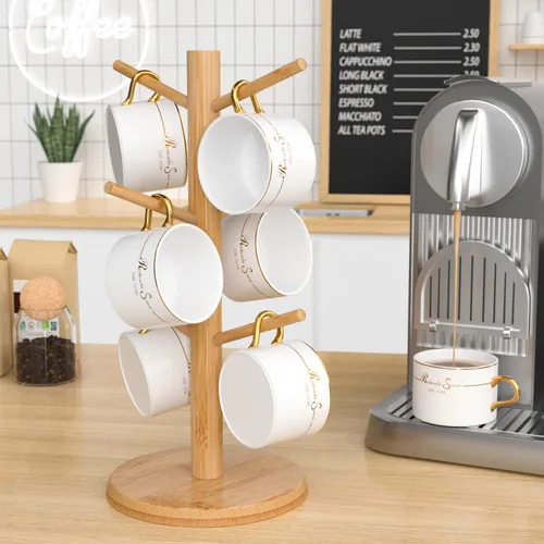 Miniatura 9 de Wisuce Soporte de bambú para tazas, base más gruesa, soporte para taza de café para mostrador, estante para tazas con 6 ganchos Base negra