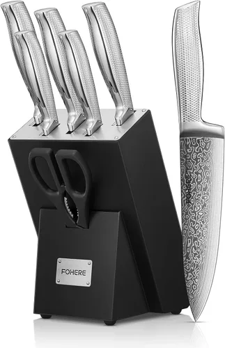 FOHERE - Juego de cuchillos de cocina de 7 piezas con 5 afiladores integrados, juego de cuchillos de textura ondulada con bloque, juego de bloques
