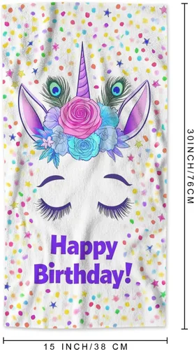 Miniatura 2 de AOYEGO Toalla de mano de unicornio con diseño de animales y plumas florales, con cita de feliz cumpleaños, dibujada a mano, estrellas y puntos
