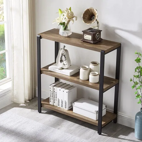 Miniatura 3 de FOLUBAN Estantería de 3 niveles, estantería industrial y estantes para libros, para dormitorio, madera rústica y metal, para oficina, roble