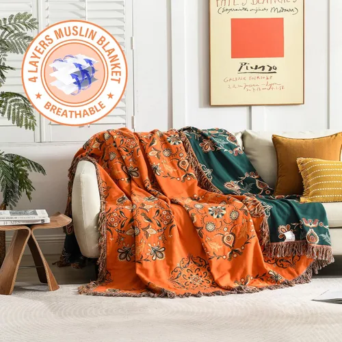 Miniatura 2 de SahSahCasa Manta 100% algodón tamaño Queen, manta de muselina naranja para sofá, silla, sofá cama, manta reversible suave para exteriores e
