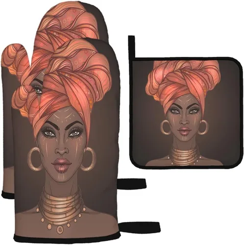 Mxocom Juego de 3 guantes de horno y agarraderas africanas para mujer, guantes de barbacoa para cocina, cocinar, hornear, asar a la parrilla,