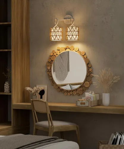 Miniatura 8 de N12-3 Aplique de pared de ratán bohemio de dos luces, accesorios de tocador para espejo, pantalla tejida en cruz y lámpara de pared cableada