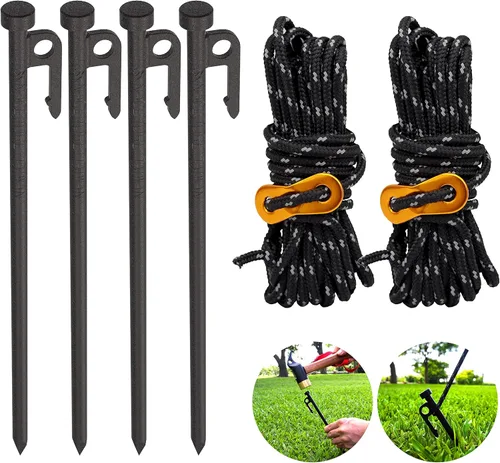 Estaca Resistente para Tienda de Campaña de 12 Pulgadas, Paquete de 4 con Cuerdas Tensoras de Campamento, Estacas de Patio para Toldo, Estacas de