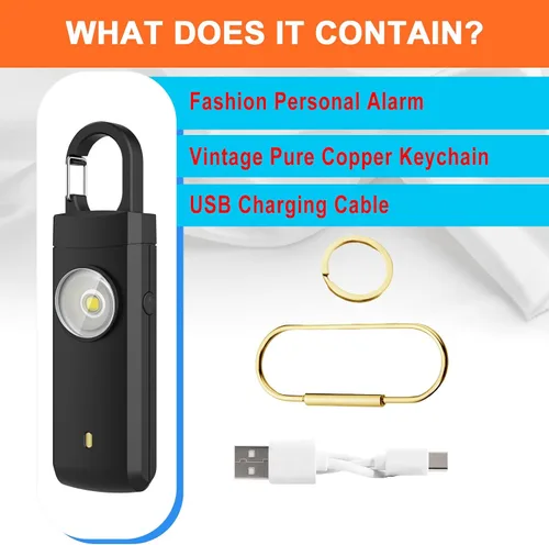 Miniatura 8 de Alarma recargable por USB de autodefensa, sirena fuerte de 130 dB con luz estroboscópica LED, diseño de llavero para un transporte más fácil, alarma