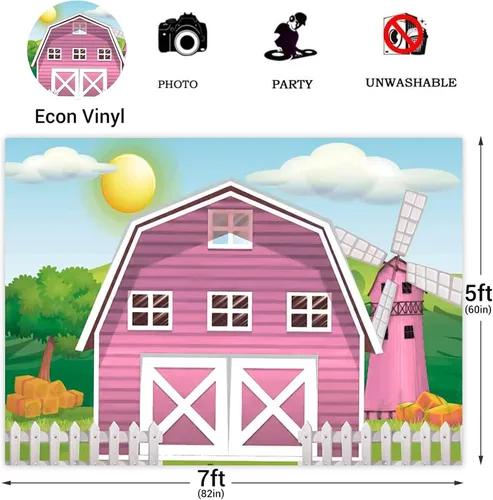 Miniatura 3 de Fondo rosa de granero de granja de 5 x 3 pies, dibujos animados, animales de granja, fiesta, fotografía, fondo rosa, granero, hierba verde, fondo