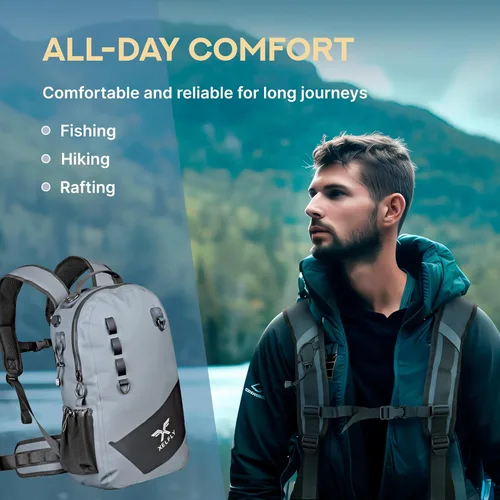 Miniatura 4 de Xelfly - Mochila de pesca impermeable con soporte para caña, válvula de aire inflable, correas acolchadas para la cintura y bucles para engranajes