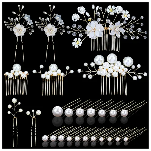 inSowni Paquete de 26 peines laterales de boda con perlas de flores doradas+horquillas en forma de U, pasadores decorativos con diamantes de