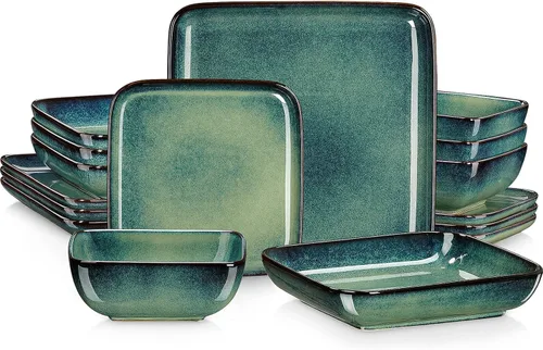 Miniatura 11 de vancasso Stern Gray - Juego de vajilla de 16 piezas de cerámica de cocina con esmalte reactivo cuadrado, juego de vajilla de piedra con plato de Gris