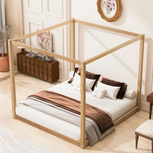 Miniatura 13 de Linique Cama de plataforma tamaño King con cabecera y patas de soporte, marco de cama King de madera con cuatro pósteres, no requiere somier, gris