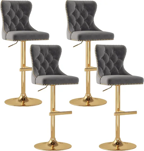 Miniatura 14 de Juego de 2 taburetes de bar, taburetes giratorios de terciopelo con respaldo copetudo, asiento ajustable con ribete de cabezas de clavos, sillas