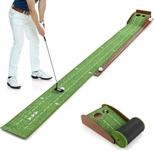 Tangkula Alfombrilla de práctica de golf de 10 pies, 2/3 hoyos con retorno automático de bola para interiores y exteriores, guías de alineación y 3