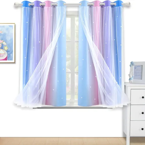 Miniatura 22 de Cortinas opacas con recorte de estrellas y arcoíris para guardería/habitación de niños/niñas, con superposición de tul, 2 paneles, cada una de 52