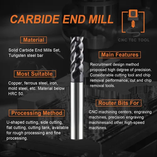 Miniatura 5 de 1/8" 3/16" 1/4" 5/16" 3/8" (juego de 5 piezas) 4 flautas cuadrado 45° molino de extremo de carburo helicoidal AlTiCrN Juegos de brocas de fresado <