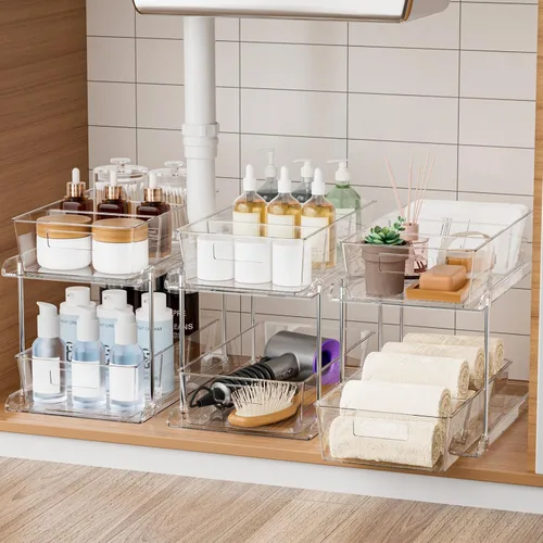 Miniatura 8 de Fabspace Organizador Extraíble para el Hogar, Paquete de 2 Organizadores de Baño Transparentes de 2 Niveles con Separadores, Bandeja Multiuso