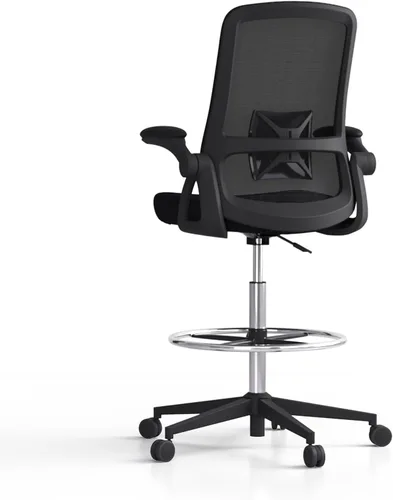 Silla de dibujo, silla de oficina alta con soporte lumbar, silla de oficina alta con reposabrazos abatibles, silla de escritorio de pie con anillo