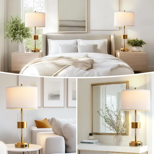 Miniatura 6 de QiMH Juego de 2 lámparas de mesa doradas para dormitorio, con luz nocturna, moderna lámpara de noche con 2 puertos de carga USB A+C, lámpara