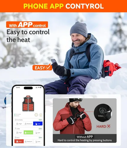 Miniatura 4 de DOACE Chaleco térmico para hombres y mujeres con control de aplicación, chaleco de calefacción eléctrico inteligente con batería, chaqueta térmica