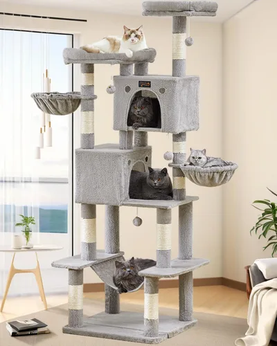 Miniatura 10 de Poste rascador de torre para gatos grandes de interior, árbol pequeño para gatos con cama grande, casa de árboles de 28 pulgadas de alto con cueva