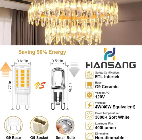 Miniatura 5 de Paquete de 12 bombillas LED G9 de 3000 K, blanco suave, 4 W (equivalente a halógeno de 40 W), bombillas T4 para lámpara de cristal, base de cerámica