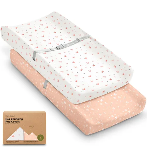 Miniatura 28 de Paquete de 2 fundas orgánicas para cambiador para niña, niño, neutro - 100% algodón, funda para almohadilla de mesa cambiadora, sábanas suaves