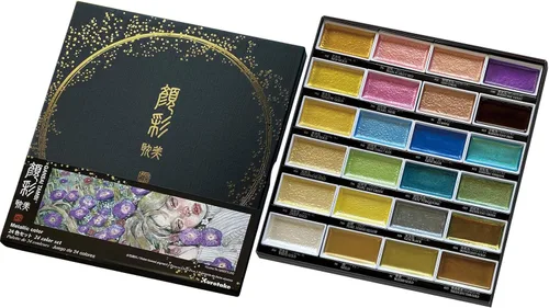 Miniatura 9 de Kuretake GANSAI TAMBI - Juego de pintura de acuarela de 24 colores II, Art Nouveau, suministros de arte de calidad profesional para artistas