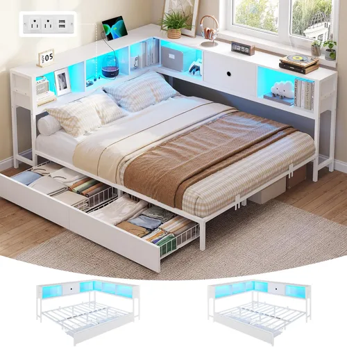 Miniatura 19 de DICTAC Marco de cama esquinero con 2 cajones de almacenamiento y cabecero de estantería individual XL, marco de cama de plataforma de metal con Negro