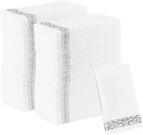 Miniatura 10 de Party Bargains Toallas desechables de lino para invitados, paquete de 50, 13 x 16 pulgadas, color blanco con impresión plateada, toallas de mano