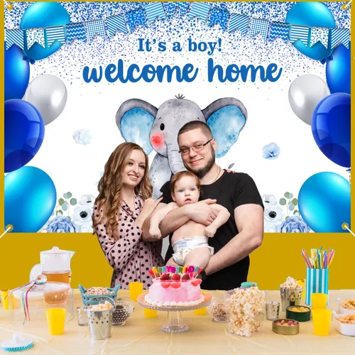 Miniatura 3 de Cartel de revelación de género con texto en inglés "I'm a Boy" para fiesta de baby shower, cabina de fotos, decoración de fondo de elefante azul