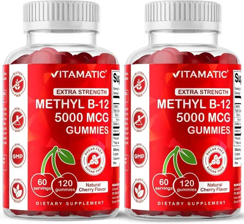 Miniatura 10 de Vitamatic Gomitas de vitamina B12 extra fuertes de 5000 mcg (metilo B12), 120 unidades, apoyo al metabolismo energético y apoyo a la salud